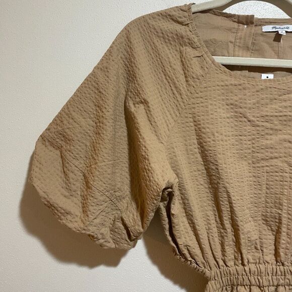 NEW Madewell Size M Seersucker Puff Sleeve Cutout Mini Dress Tan Button Back - Picture 6 of 14
